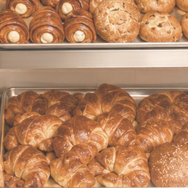 Golden croissants and chocolate-filled rolls